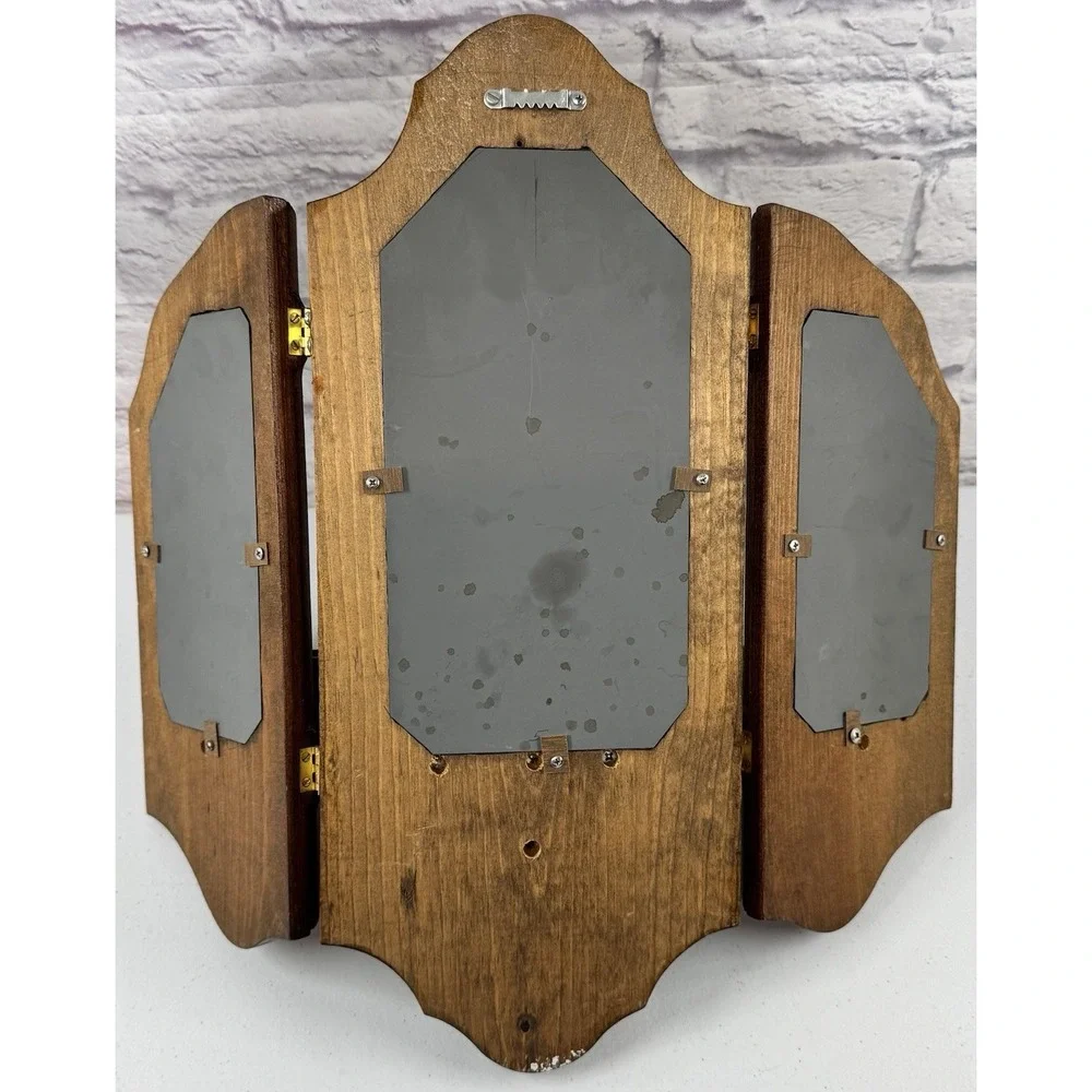 Vintage 70s Wood Mirror Tri-Fold Candle Holders Hanging Wall Shelf MCM Sconce